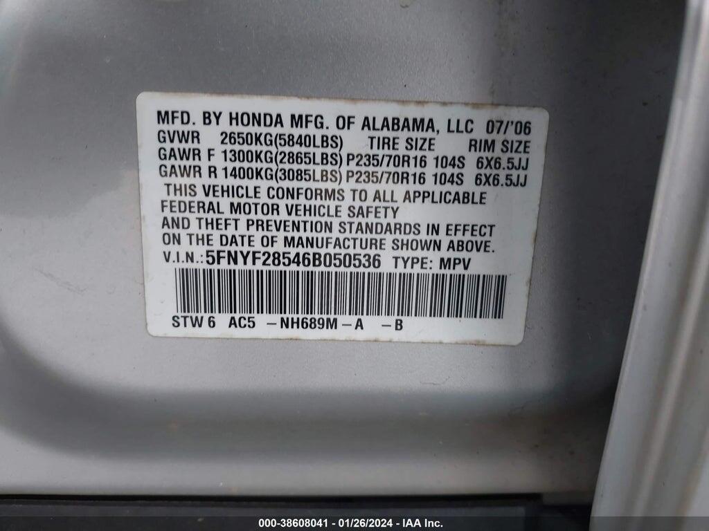 5FNYF28546B050536 2006 HONDA PILOT photo no. 9