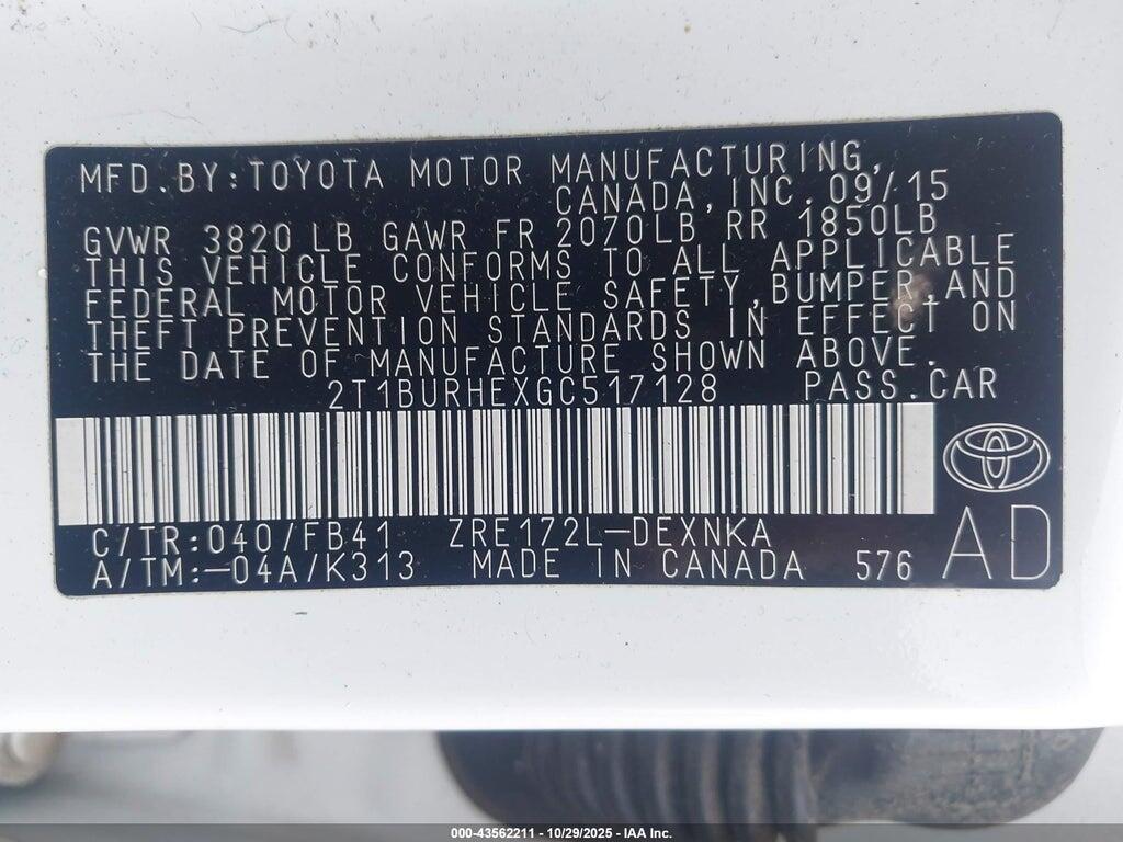 2T1BURHEXGC517128 2016 TOYOTA COROLLA photo no. 9