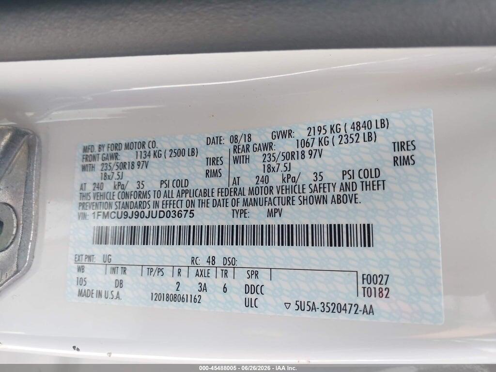 1FMCU9J90JUD03675 2018 FORD ESCAPE photo no. 9
