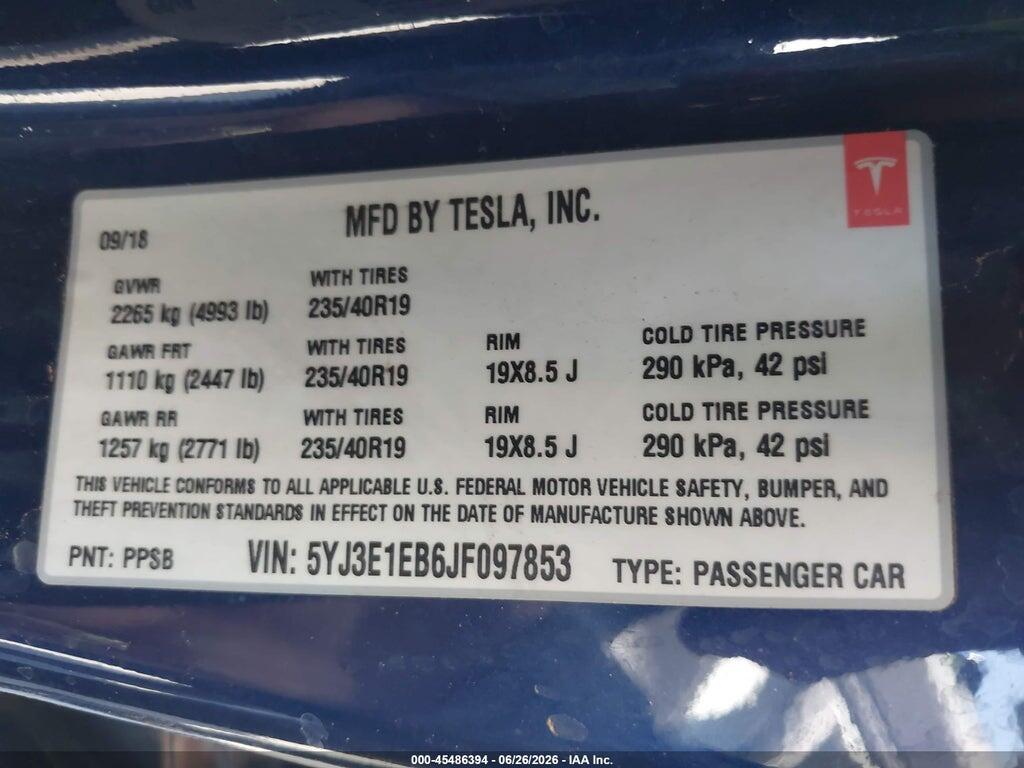 5YJ3E1EB6JF097853 2018 TESLA MODEL 3 photo no. 9
