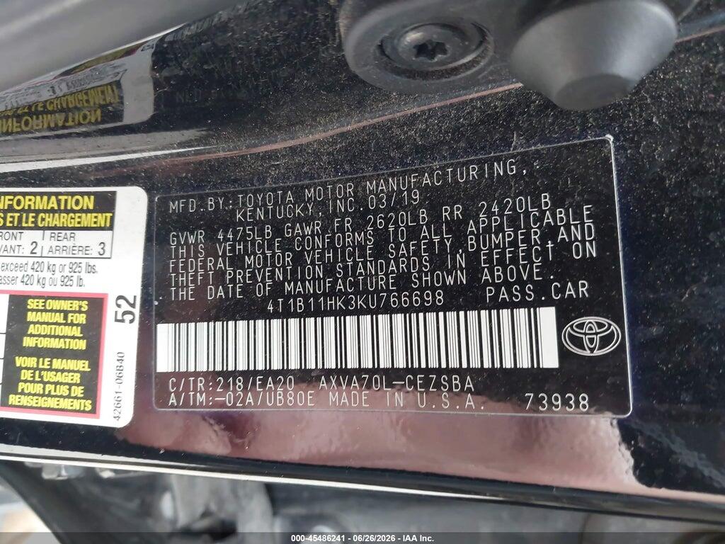 4T1B11HK3KU766698 2019 TOYOTA CAMRY photo no. 9