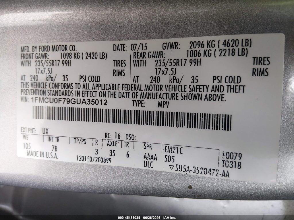1FMCU0F79GUA35012 2016 FORD ESCAPE photo no. 9