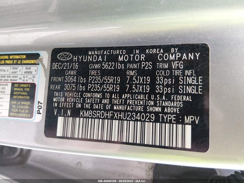 KM8SRDHFXHU234029 2017 HYUNDAI SANTA FE photo no. 9