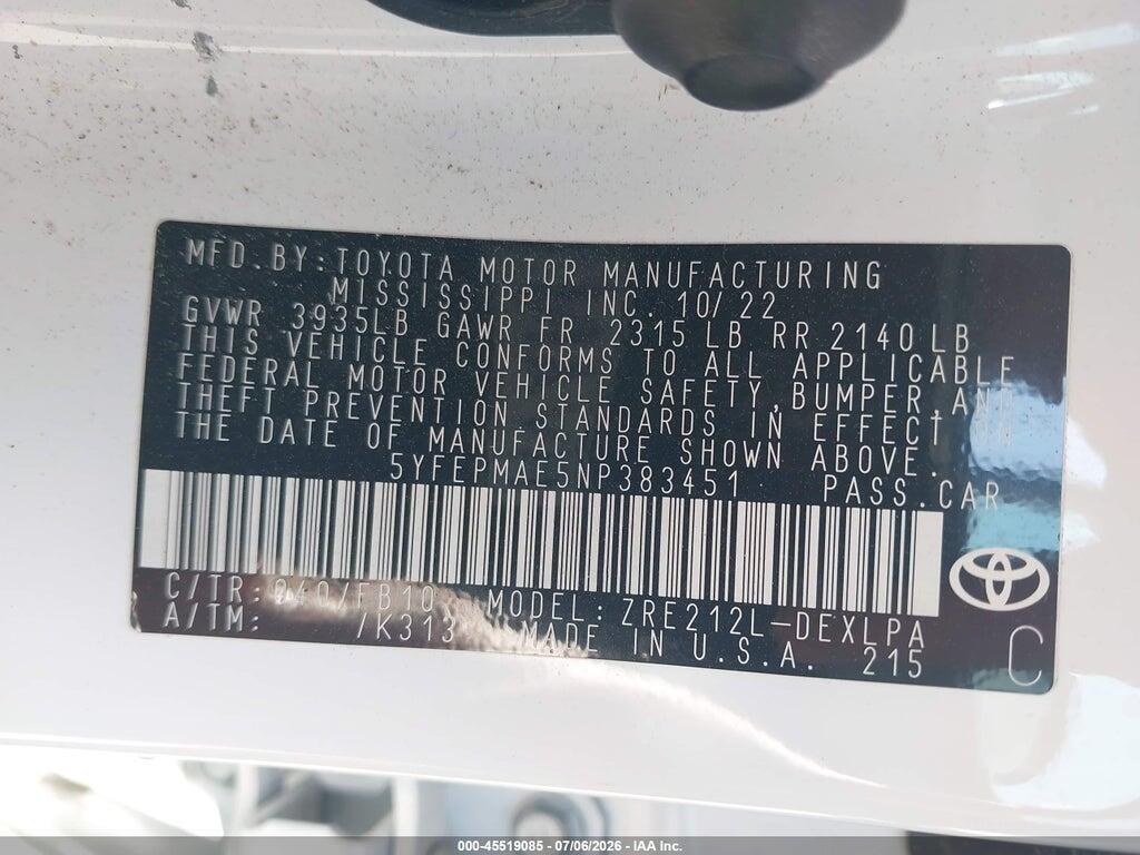 5YFEPMAE5NP383451 2022 TOYOTA COROLLA photo no. 9