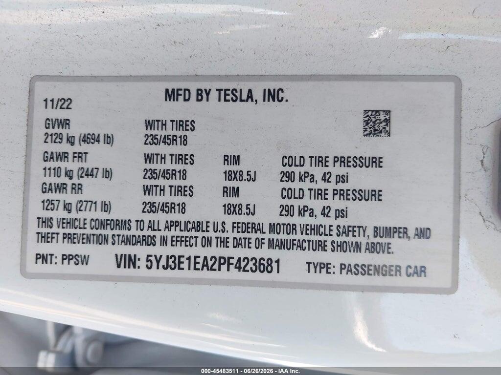 5YJ3E1EA2PF423681 2023 TESLA MODEL 3 photo no. 9