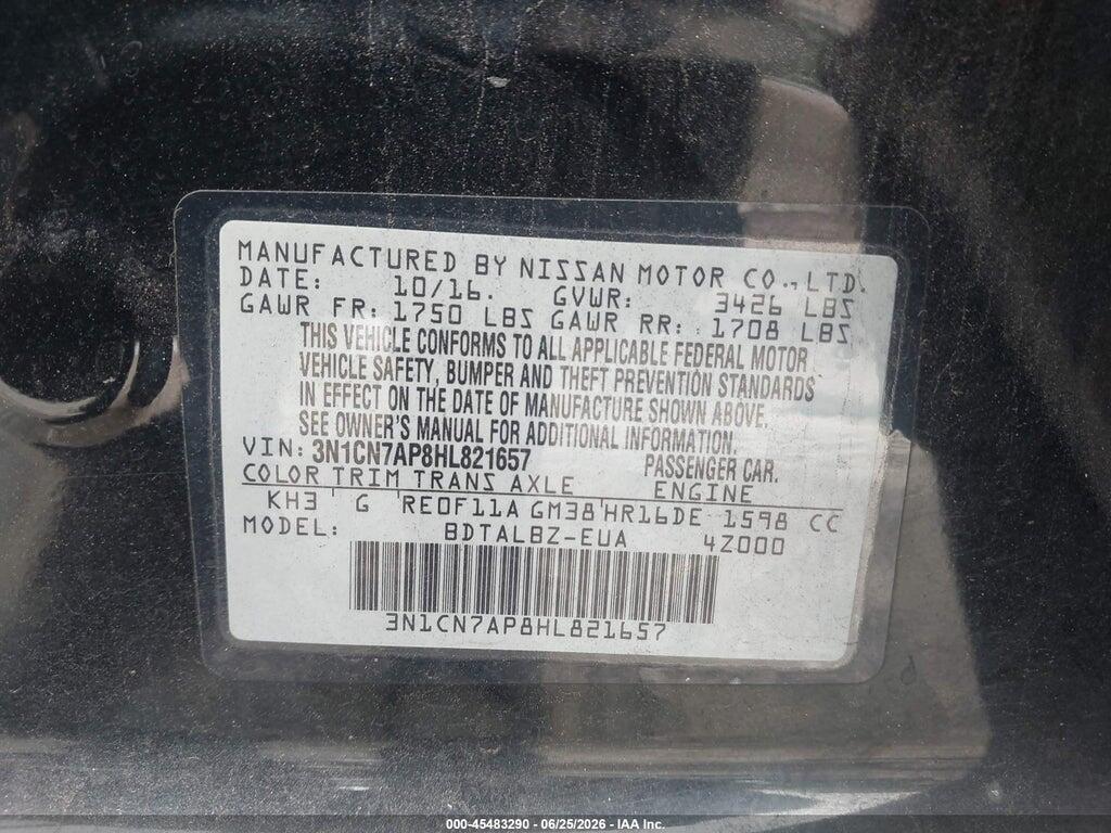 3N1CN7AP8HL821657 2017 NISSAN VERSA photo no. 9