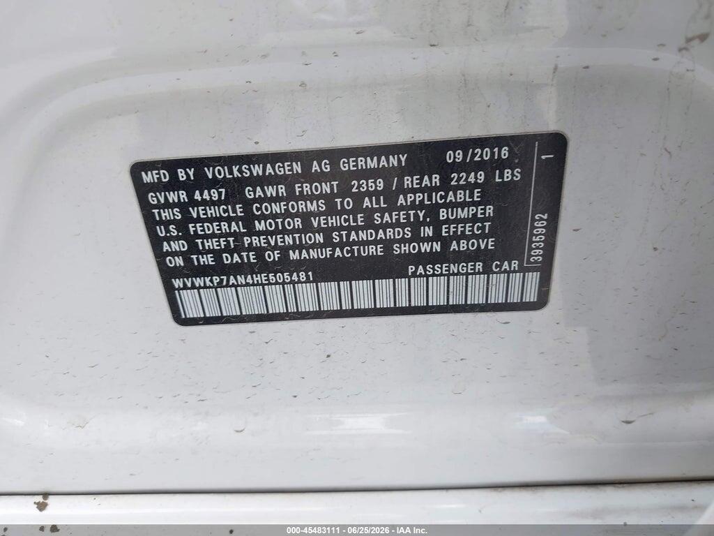 WVWKP7AN4HE505481 2017 VOLKSWAGEN CC photo no. 9