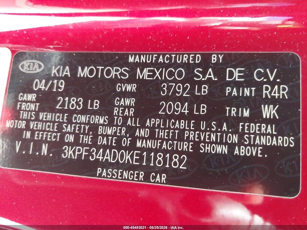 3KPF34AD0KE118182 2019 KIA FORTE photo no. 9