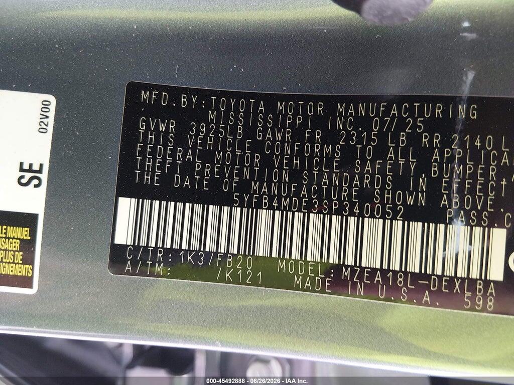 5YFB4MDE3SP340052 2025 TOYOTA COROLLA photo no. 9