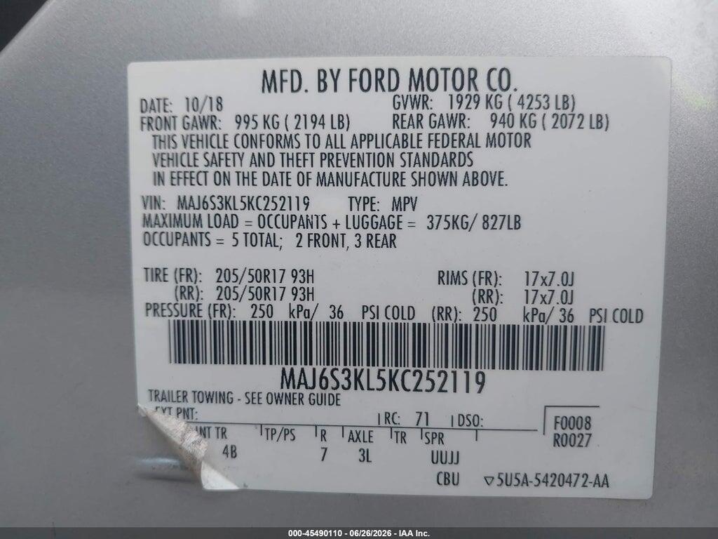 MAJ6S3KL5KC252119 2019 FORD ECOSPORT photo no. 9