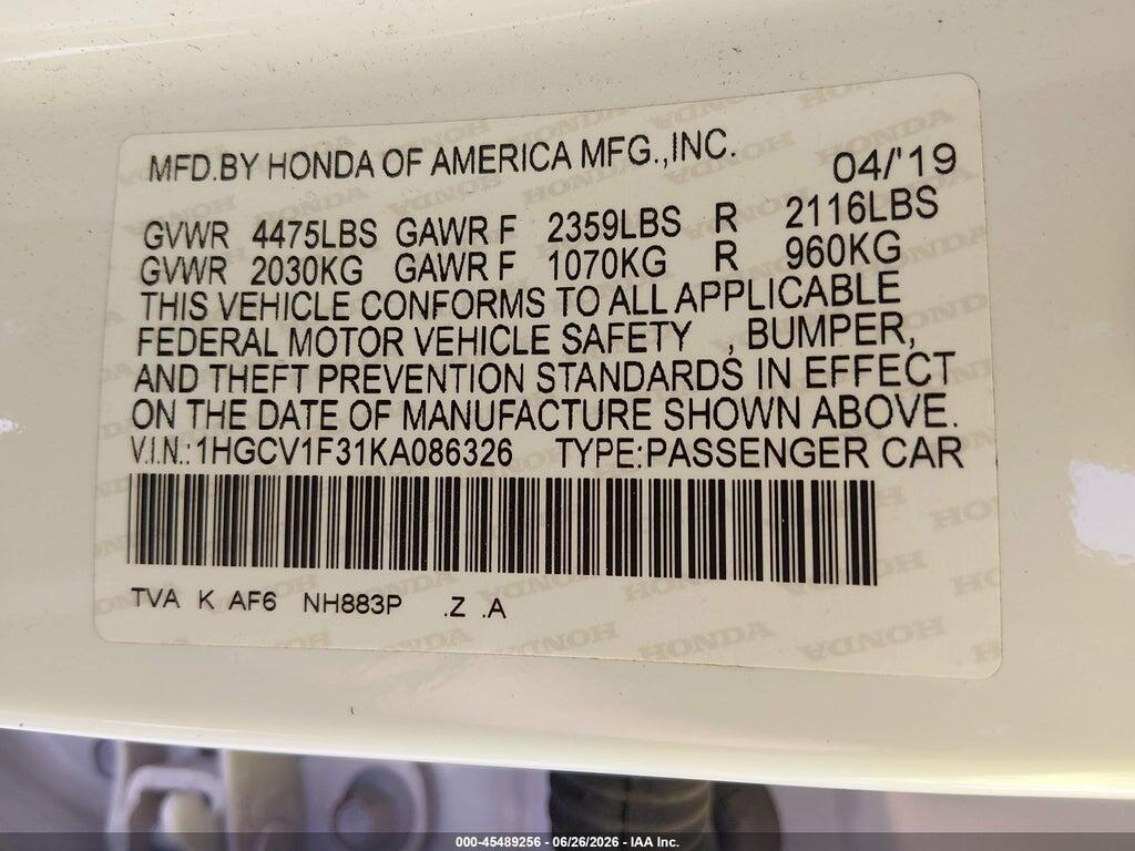 1HGCV1F31KA086326 2019 HONDA ACCORD photo no. 9