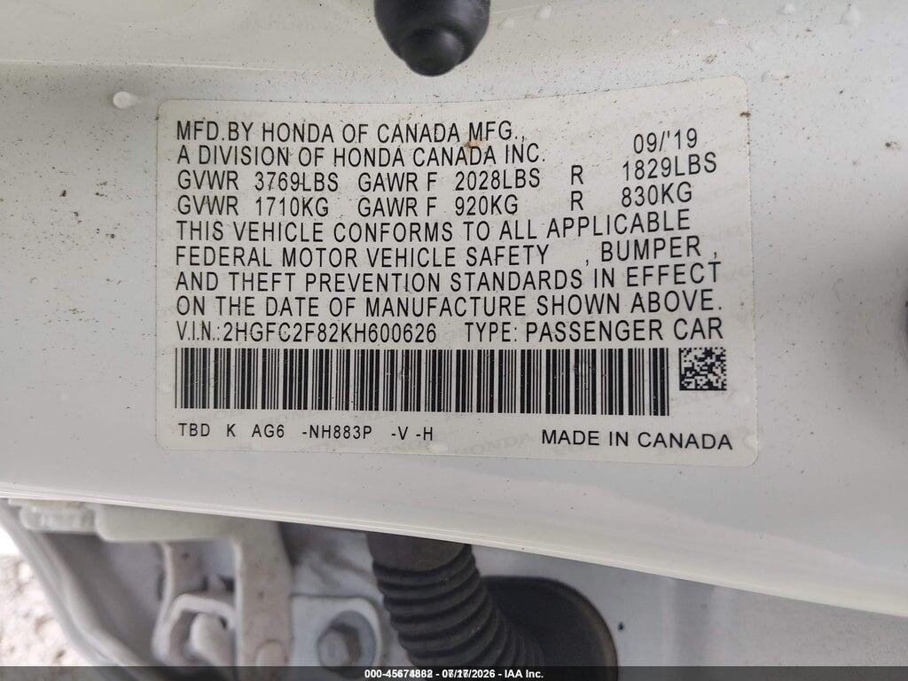 2HGFC2F82KH600626 2019 HONDA CIVIC photo no. 9