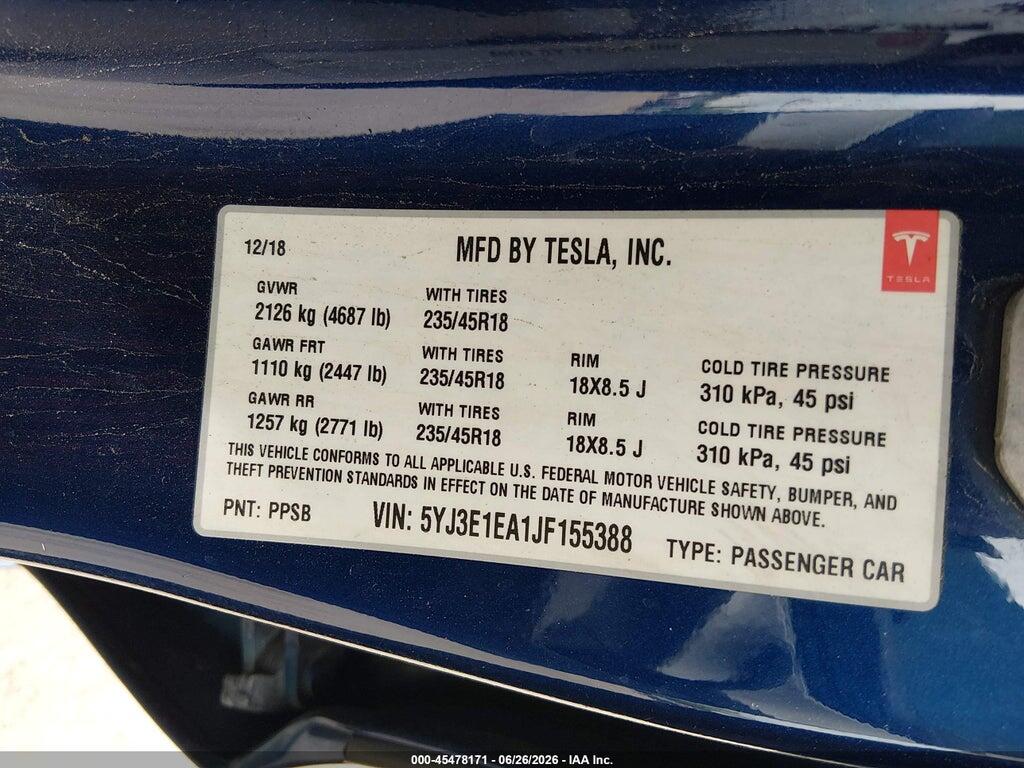 5YJ3E1EA1JF155388 2018 TESLA MODEL 3 photo no. 9