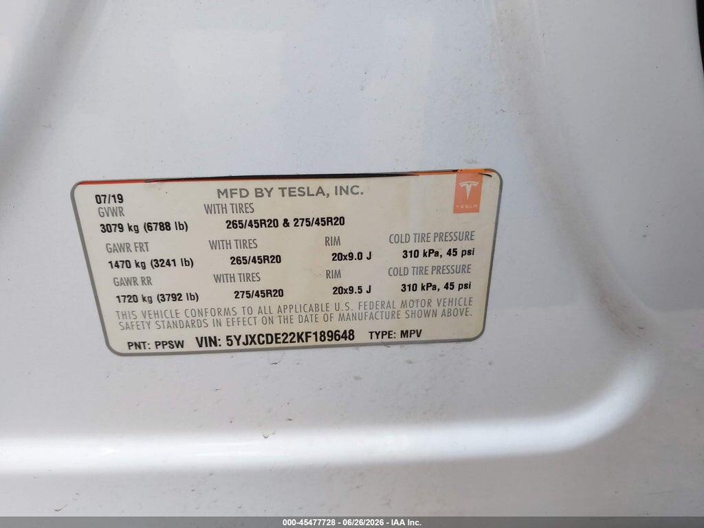 5YJXCDE22KF189648 2019 TESLA MODEL X photo no. 9