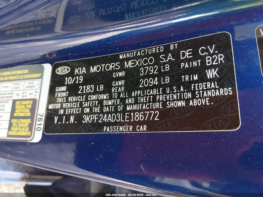 3KPF24AD3LE186772 2020 KIA FORTE photo no. 9