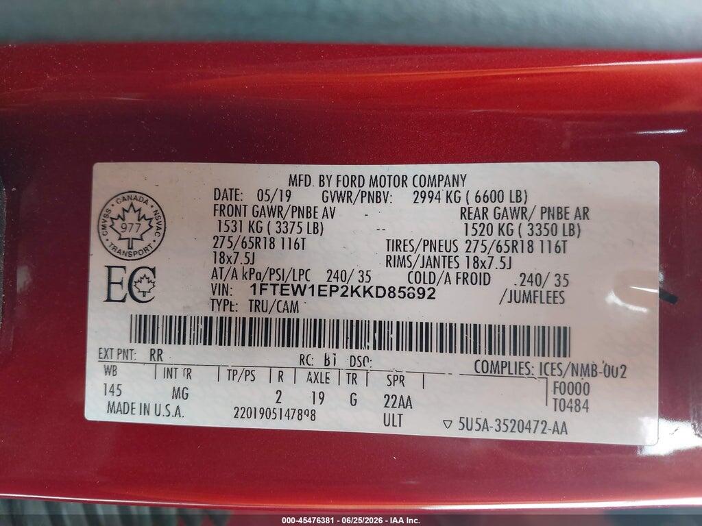 1FTEW1EP2KKD85892 2019 FORD F-150 photo no. 9