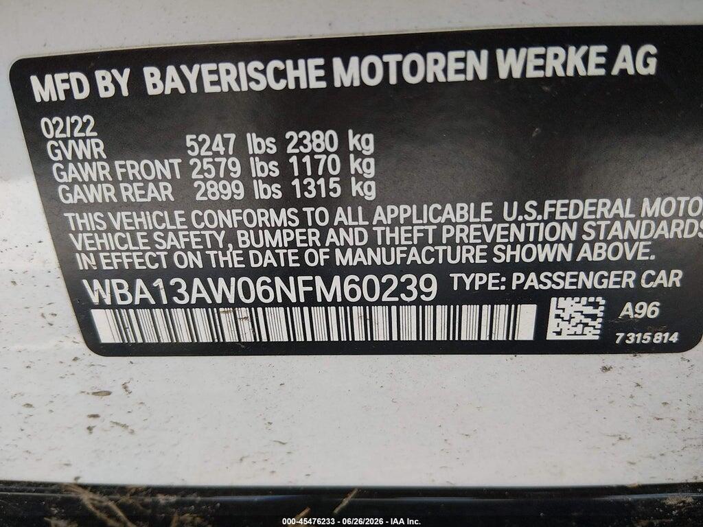 WBA13AW06NFM60239 2022 BMW M440I GRAN COUPE photo no. 9