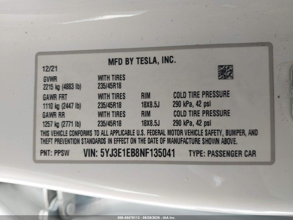 5YJ3E1EB8NF135041 2022 TESLA MODEL 3 photo no. 9