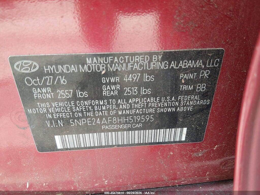 5NPE24AF8HH519595 2017 HYUNDAI SONATA photo no. 9