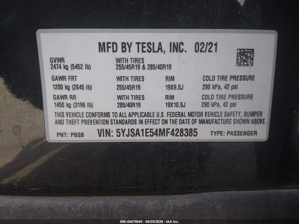 5YJSA1E54MF428385 2021 TESLA MODEL S photo no. 9