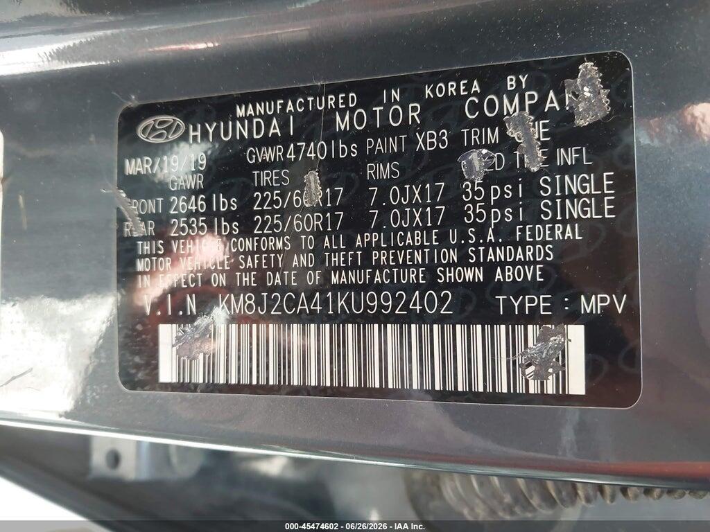 KM8J2CA41KU992402 2019 HYUNDAI TUCSON photo no. 9