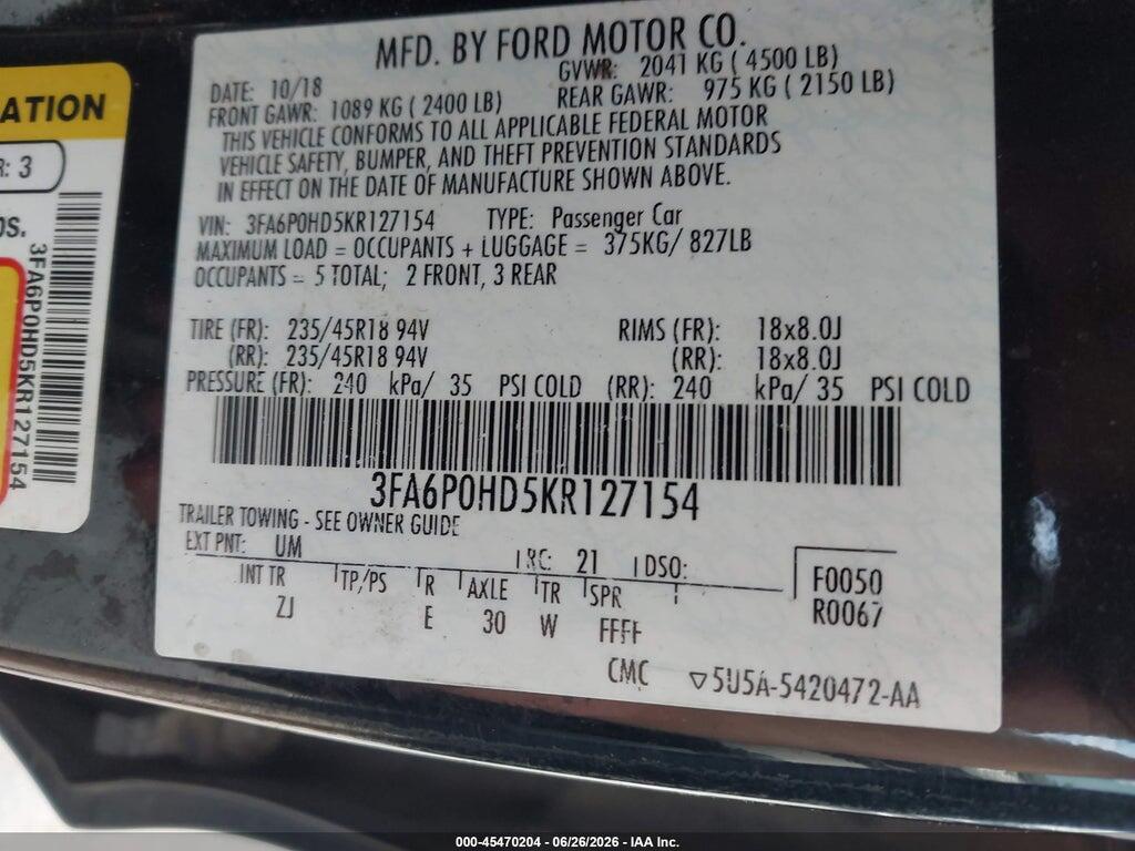 3FA6P0HD5KR127154 2019 FORD FUSION photo no. 9