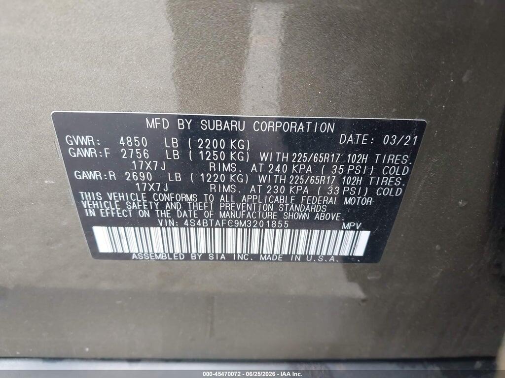 4S4BTAFC9M3201855 2021 SUBARU OUTBACK photo no. 9