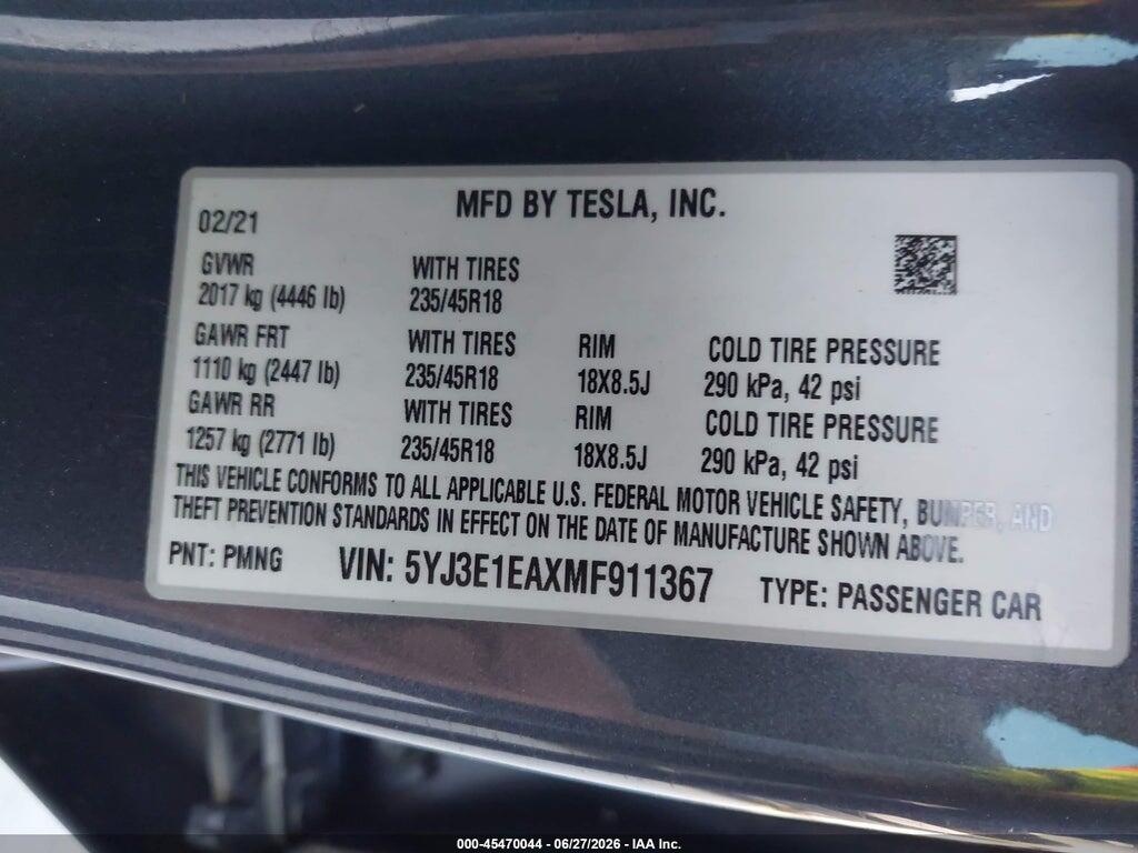 5YJ3E1EAXMF911367 2021 TESLA MODEL 3 photo no. 9