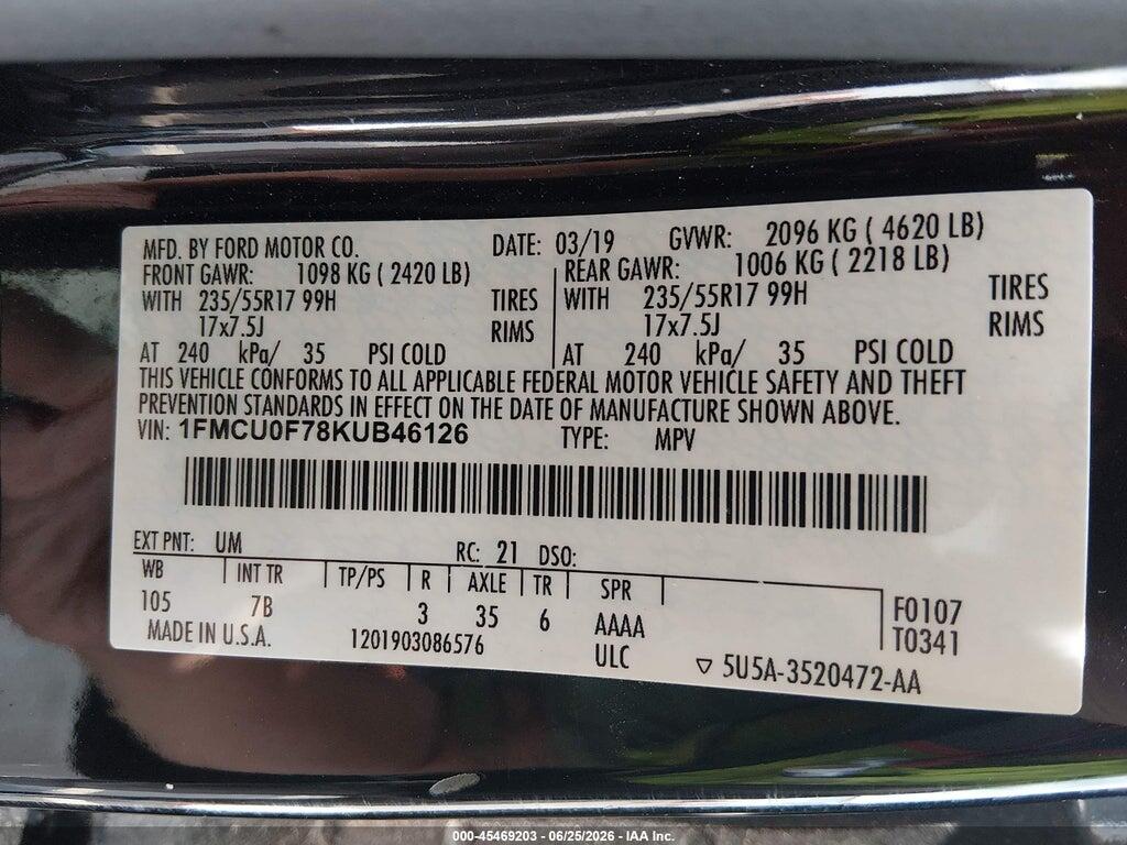 1FMCU0F78KUB46126 2019 FORD ESCAPE photo no. 9