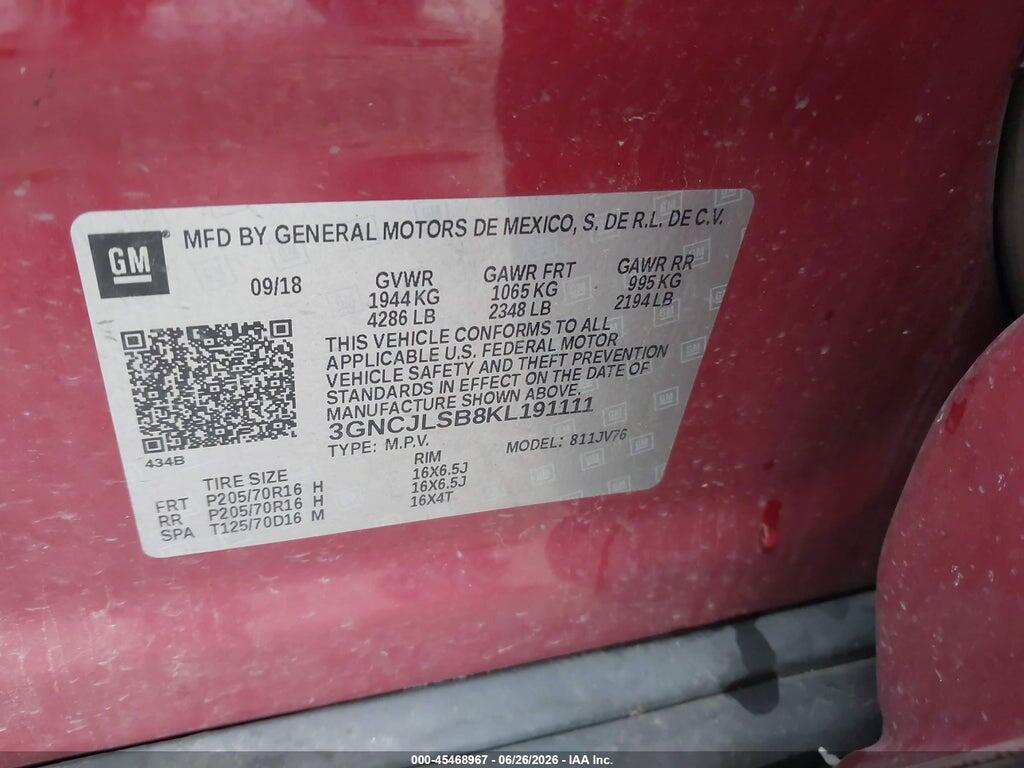 3GNCJLSB8KL191111 2019 CHEVROLET TRAX photo no. 9