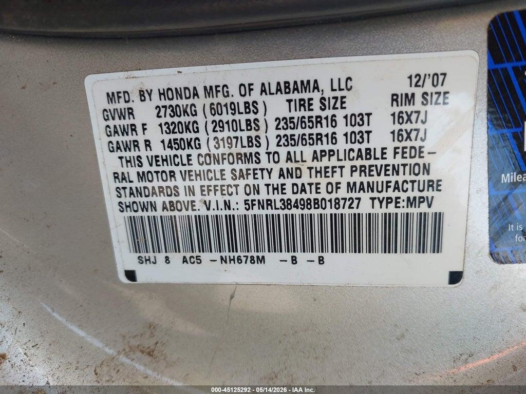 5FNRL38498B018727 2008 HONDA ODYSSEY photo no. 9