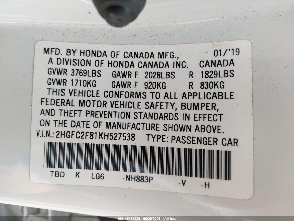 2HGFC2F81KH527538 2019 HONDA CIVIC photo no. 9