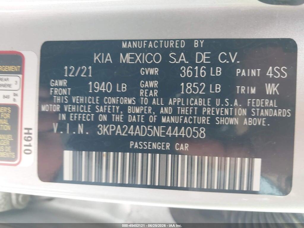 3KPA24AD5NE444058 2022 KIA RIO photo no. 9