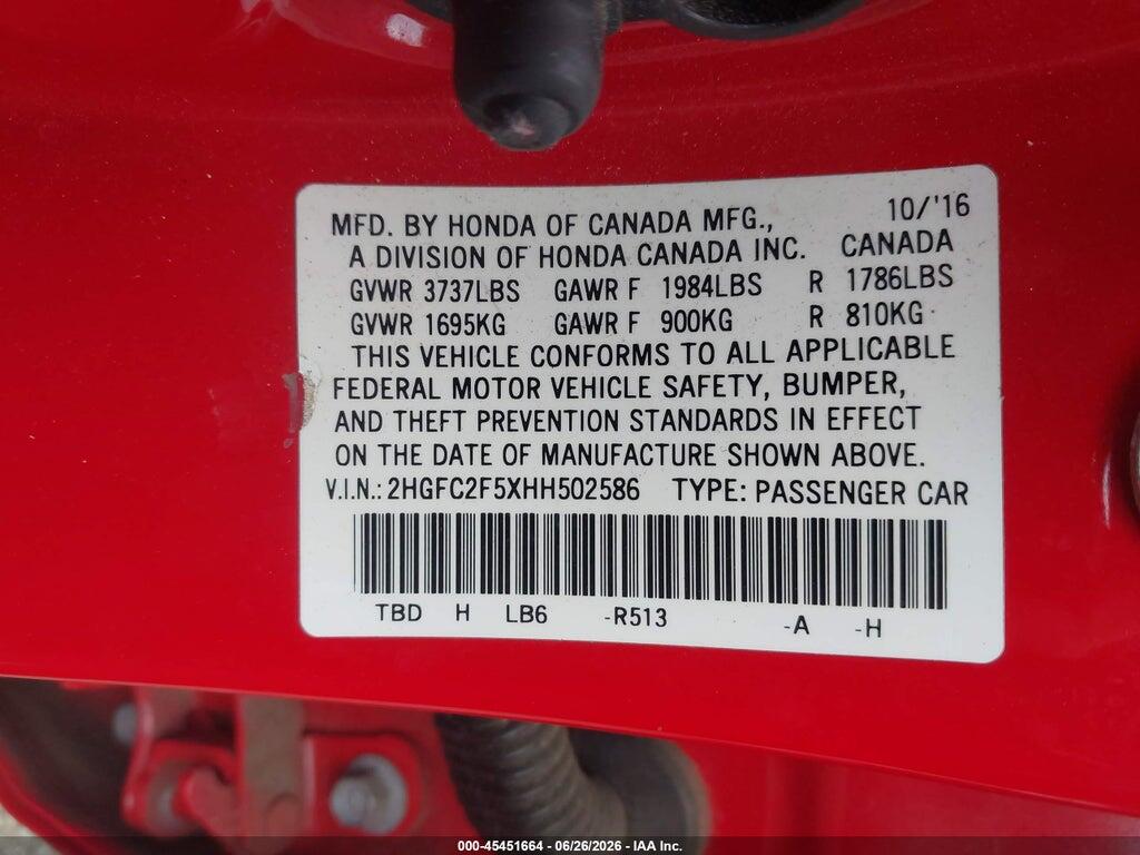 2HGFC2F5XHH502586 2017 HONDA CIVIC photo no. 9