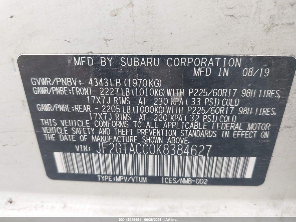 JF2GTACC0K8384627 2019 SUBARU CROSSTREK photo no. 9