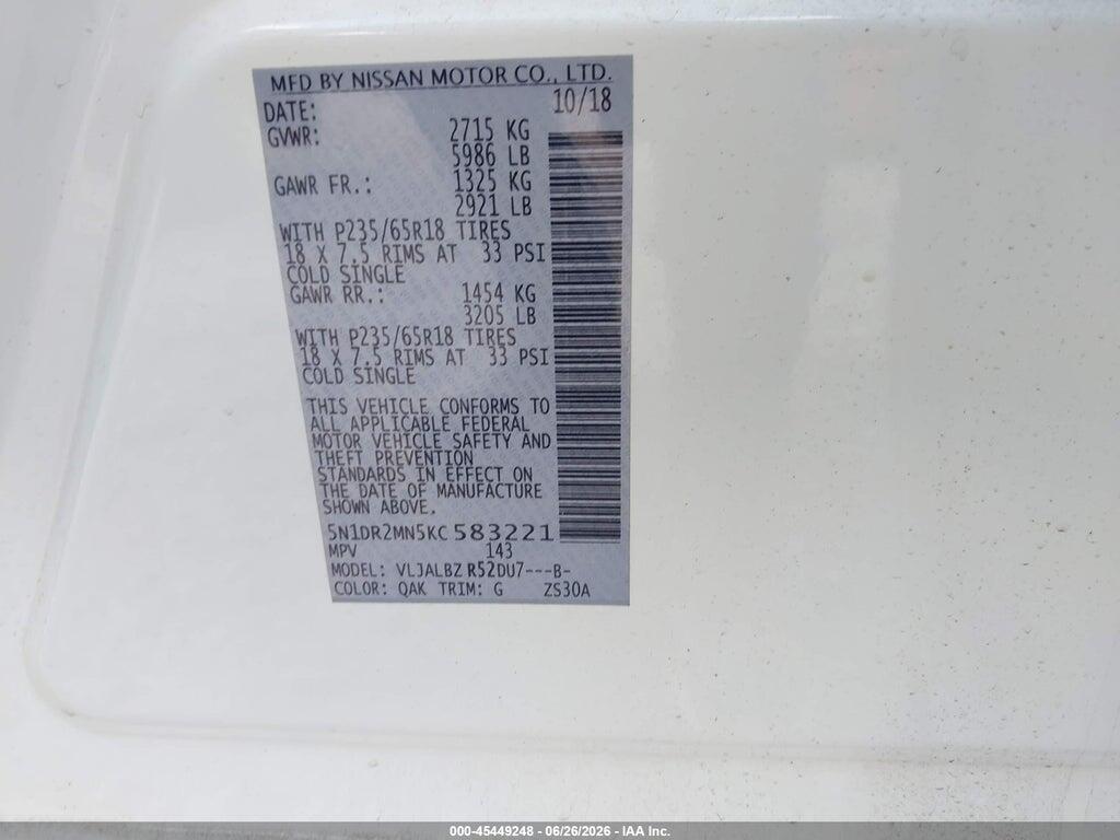 5N1DR2MN5KC583221 2019 NISSAN PATHFINDER photo no. 9