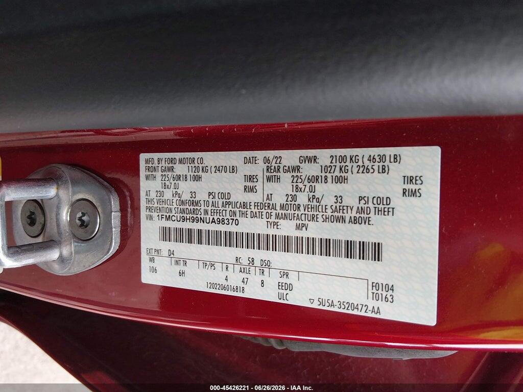 1FMCU9H99NUA98370 2022 FORD ESCAPE photo no. 9