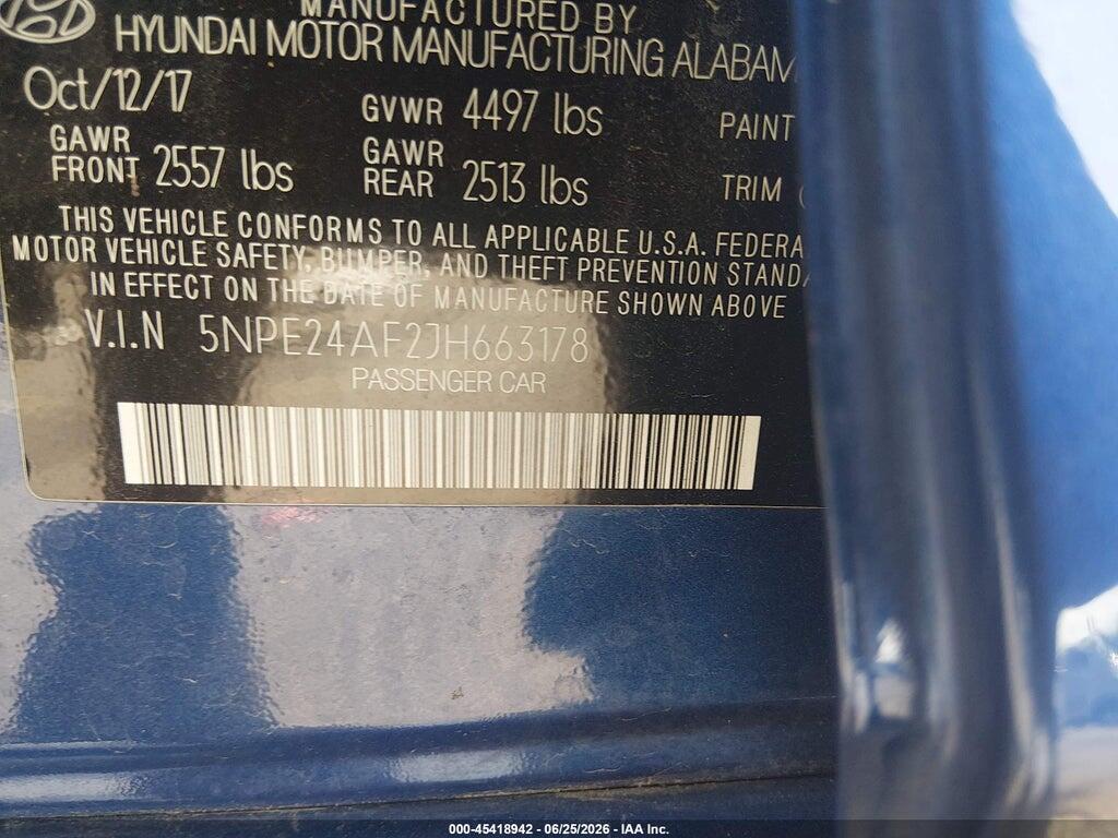 5NPE24AF2JH663178 2018 HYUNDAI SONATA photo no. 9