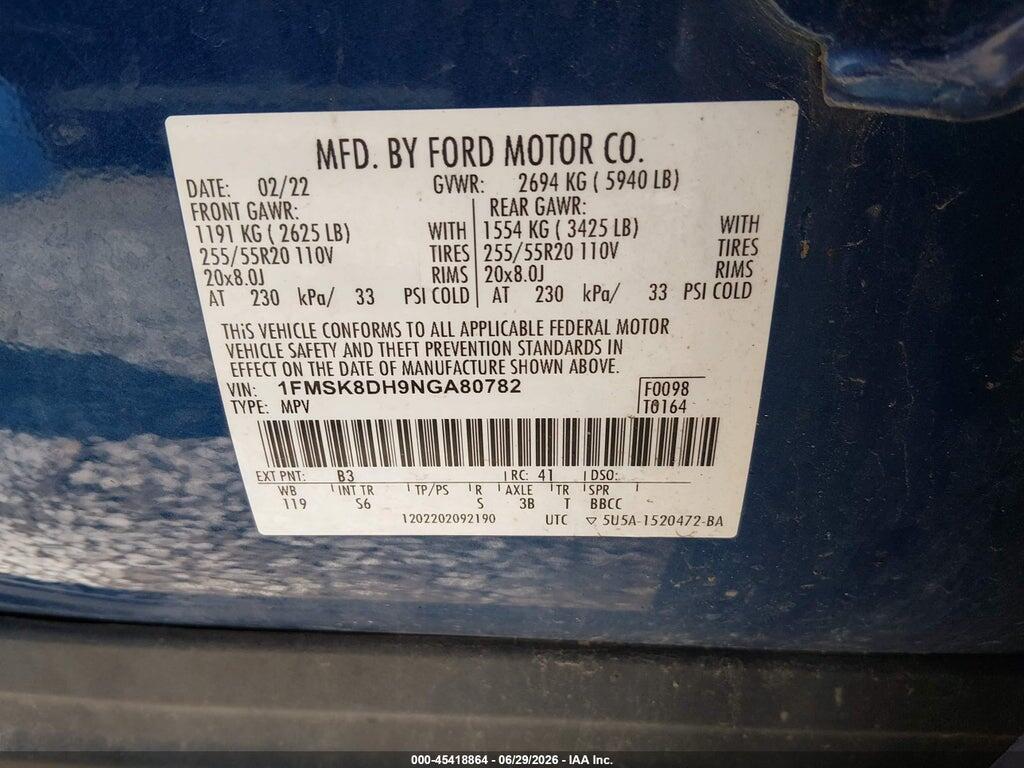 1FMSK8DH9NGA80782 2022 FORD EXPLORER photo no. 9