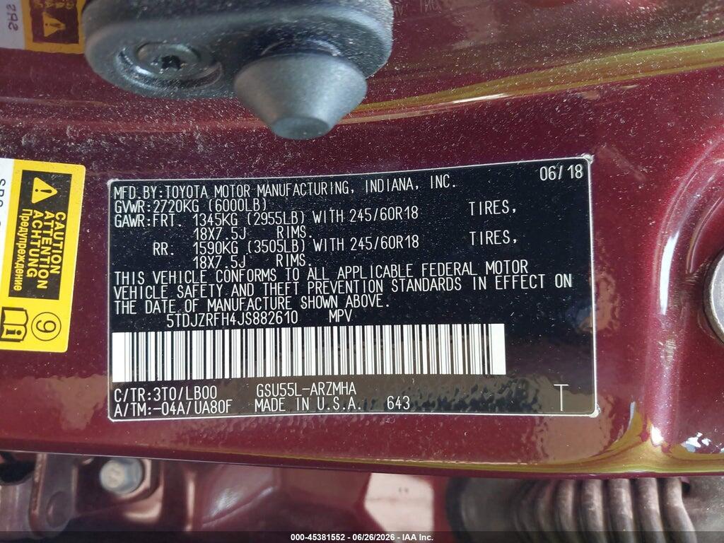 5TDJZRFH4JS882610 2018 TOYOTA HIGHLANDER photo no. 9
