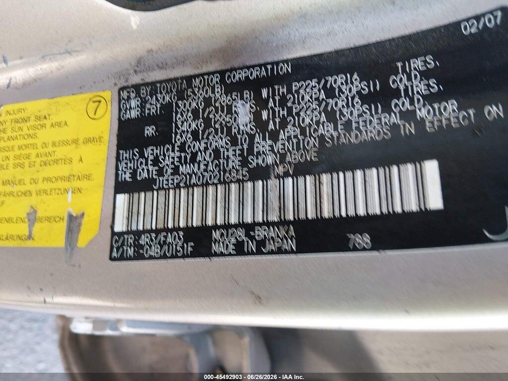 JTEEP21A070216845 2007 TOYOTA HIGHLANDER photo no. 9