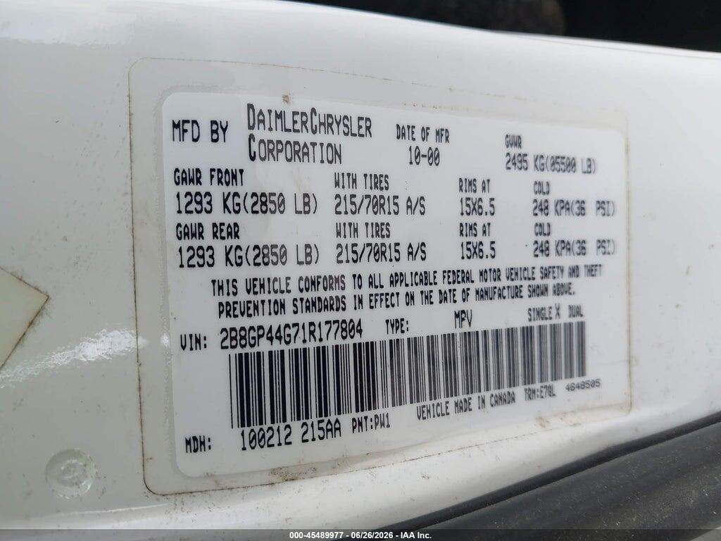 2B8GP44G71R177804 2001 DODGE GRAND CARAVAN photo no. 9