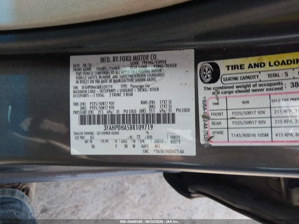 3FAHP0HA5BR109719 2011 FORD FUSION photo no. 9