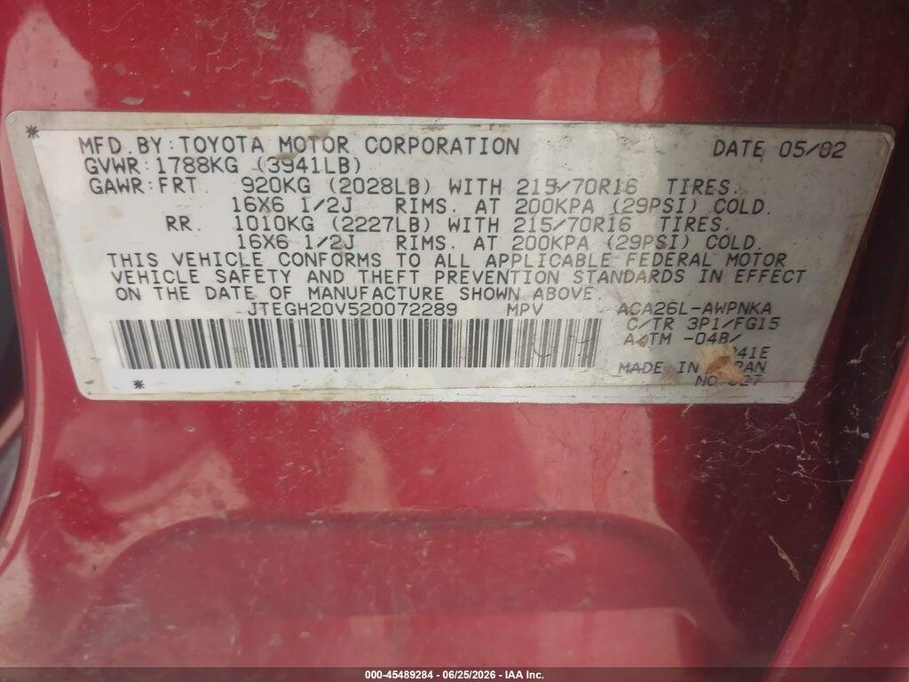 JTEGH20V520072289 2002 TOYOTA RAV4 photo no. 9
