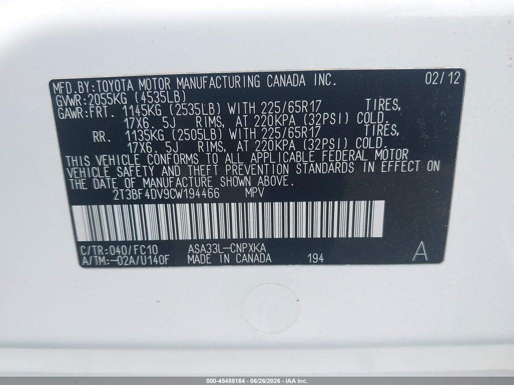2T3BF4DV9CW194466 2012 TOYOTA RAV4 photo no. 9