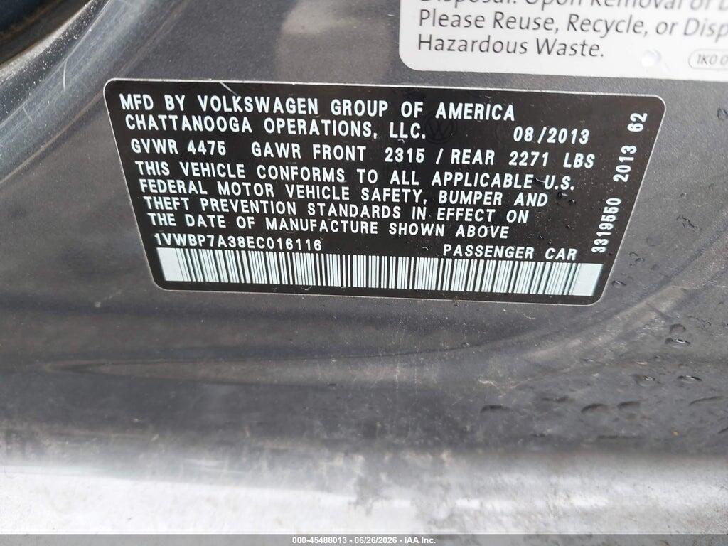 1VWBP7A38EC016116 2014 VOLKSWAGEN PASSAT photo no. 9
