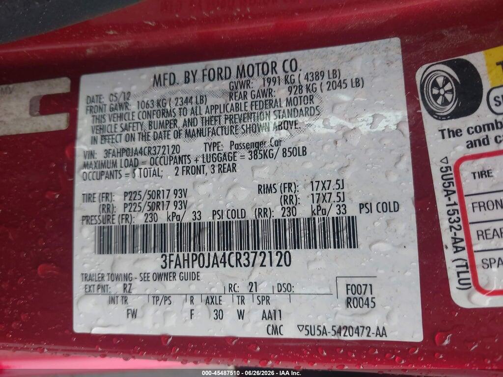 3FAHP0JA4CR372120 2012 FORD FUSION photo no. 9
