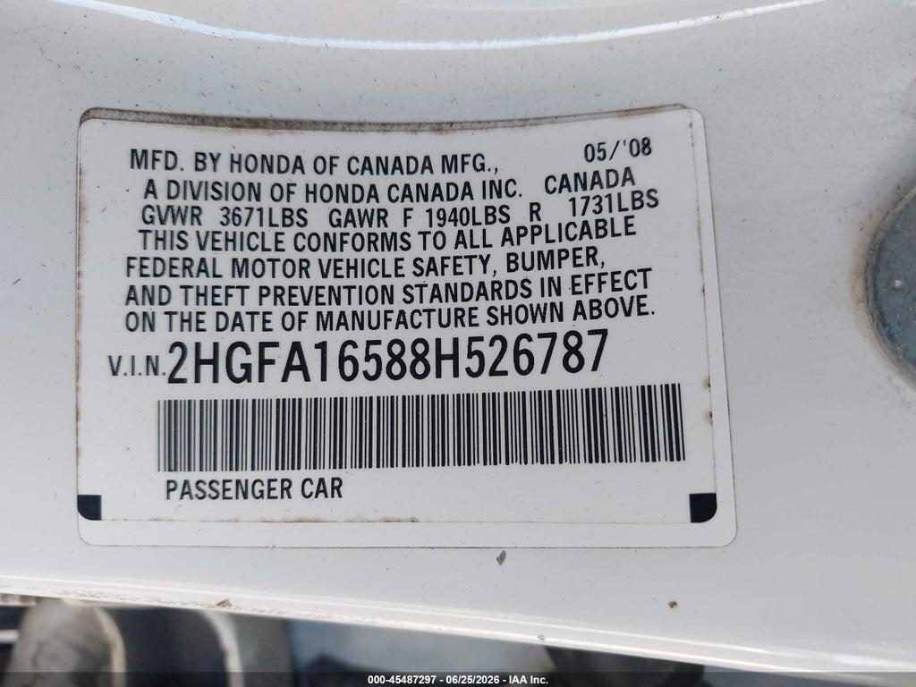 2HGFA16588H526787 2008 HONDA CIVIC photo no. 9