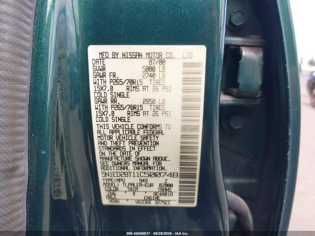 5N1ED28T11C500748 2001 NISSAN XTERRA photo no. 9