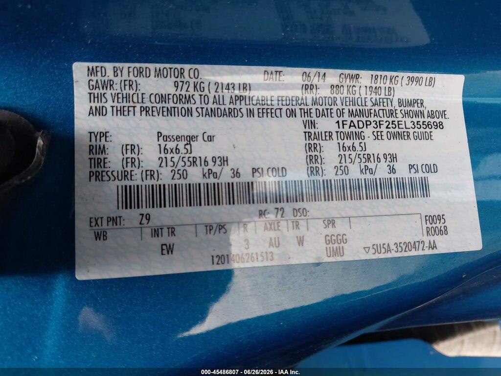 1FADP3F25EL355698 2014 FORD FOCUS photo no. 9